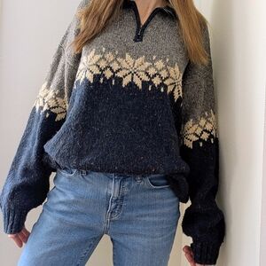 Vintage Fair Isle Speckled Quarter Zip Wool Blend Henley Sweater In Navy
